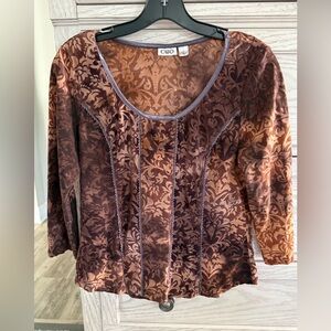 Vintage Cato Brown Velvet Burnout Scoop Neck Blouse (L)